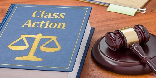 class action lawsuit graphic with law book and court gavel